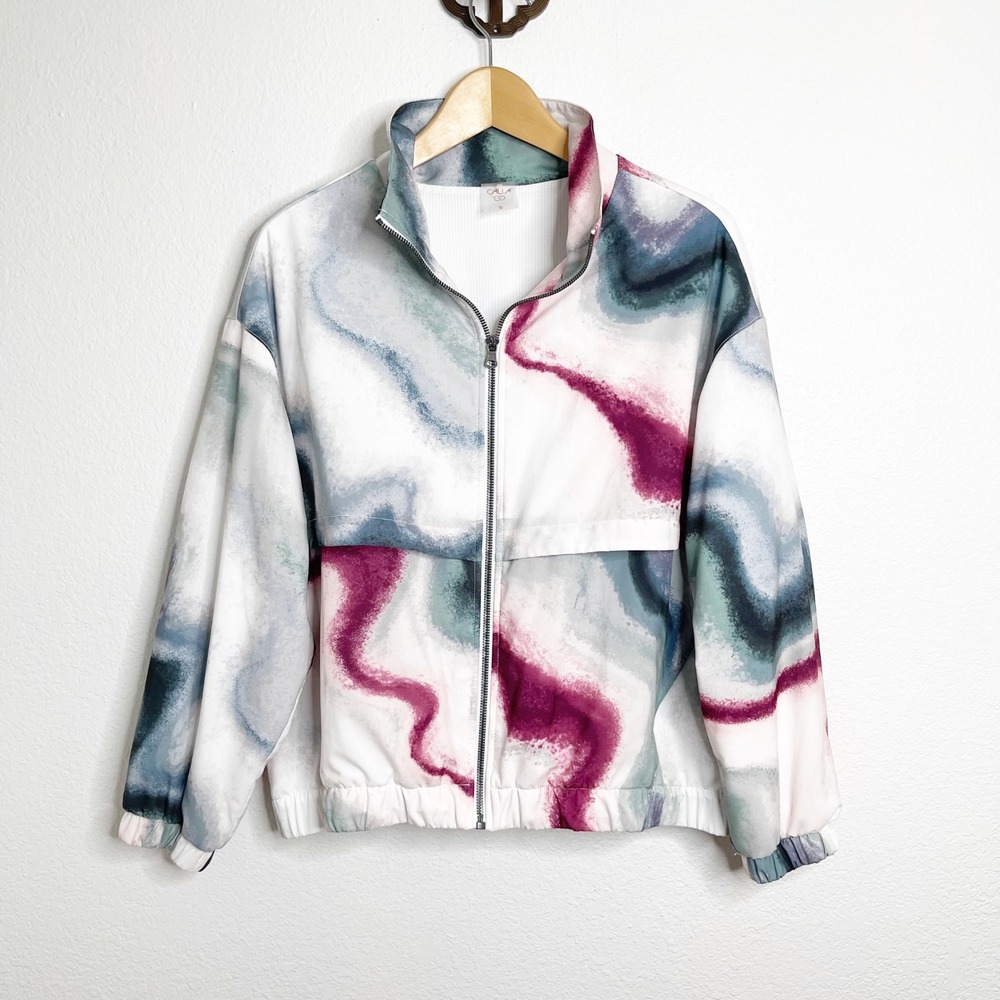 Calia Womens Small Marble Print Full Zip Windbreaker Jacketā Purple Teal Grey